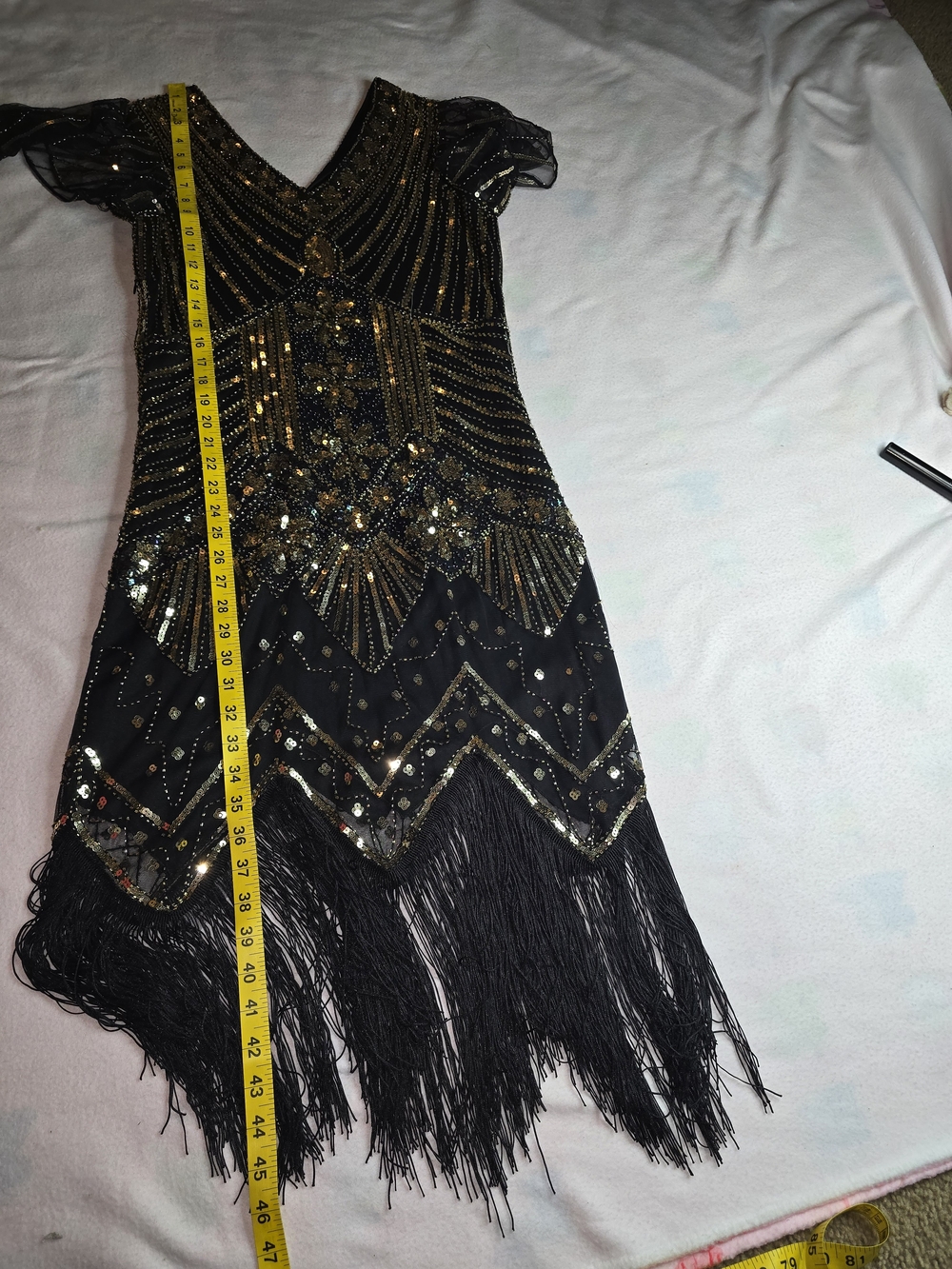 Embellished Black & Gold Art Deco Fringe Midi Dress - Picture 6 of 10